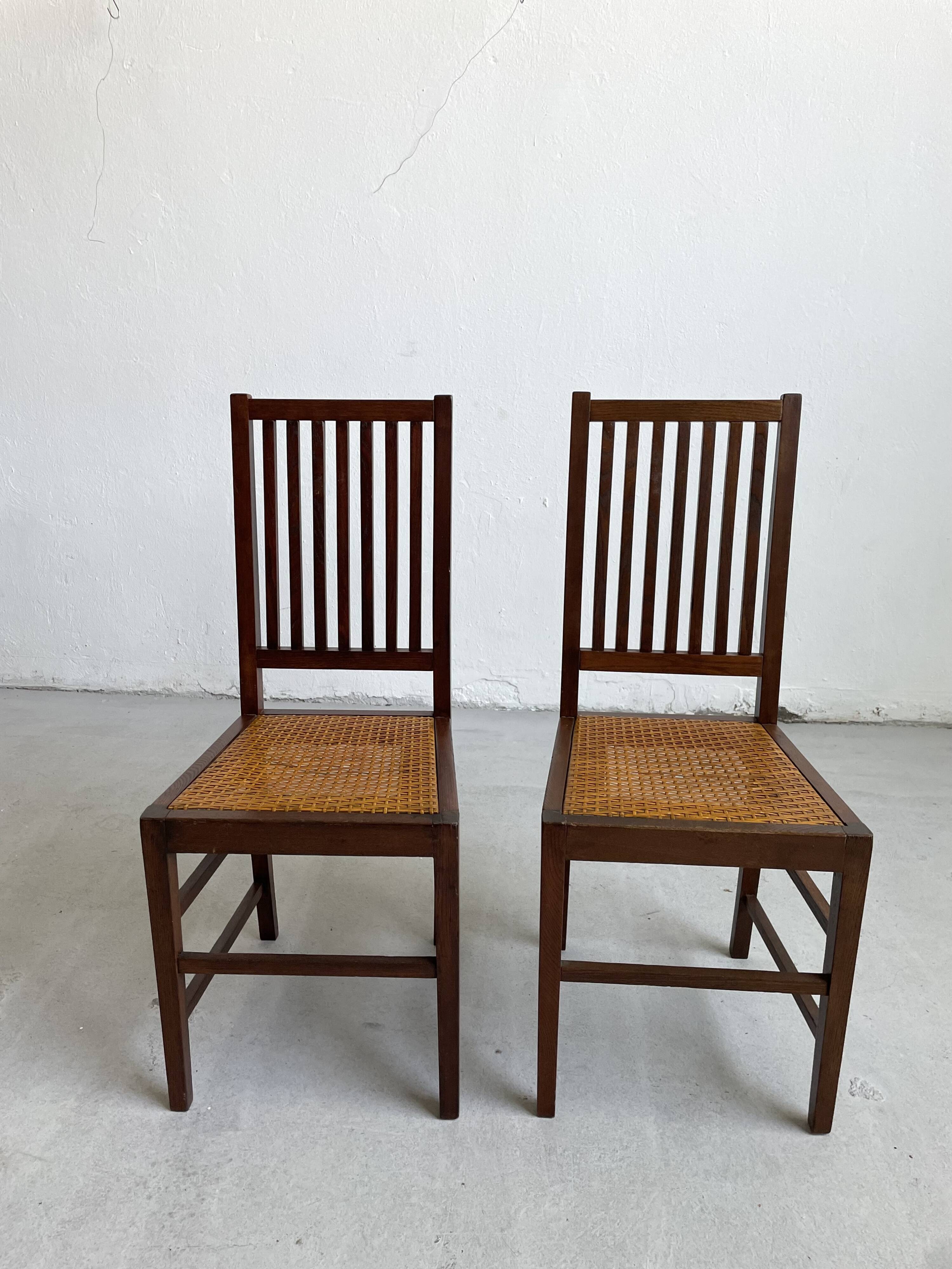Set of 2 Oak and Cane Chairs by Hans Vollmer for Prag-Rudniker Wickerwork