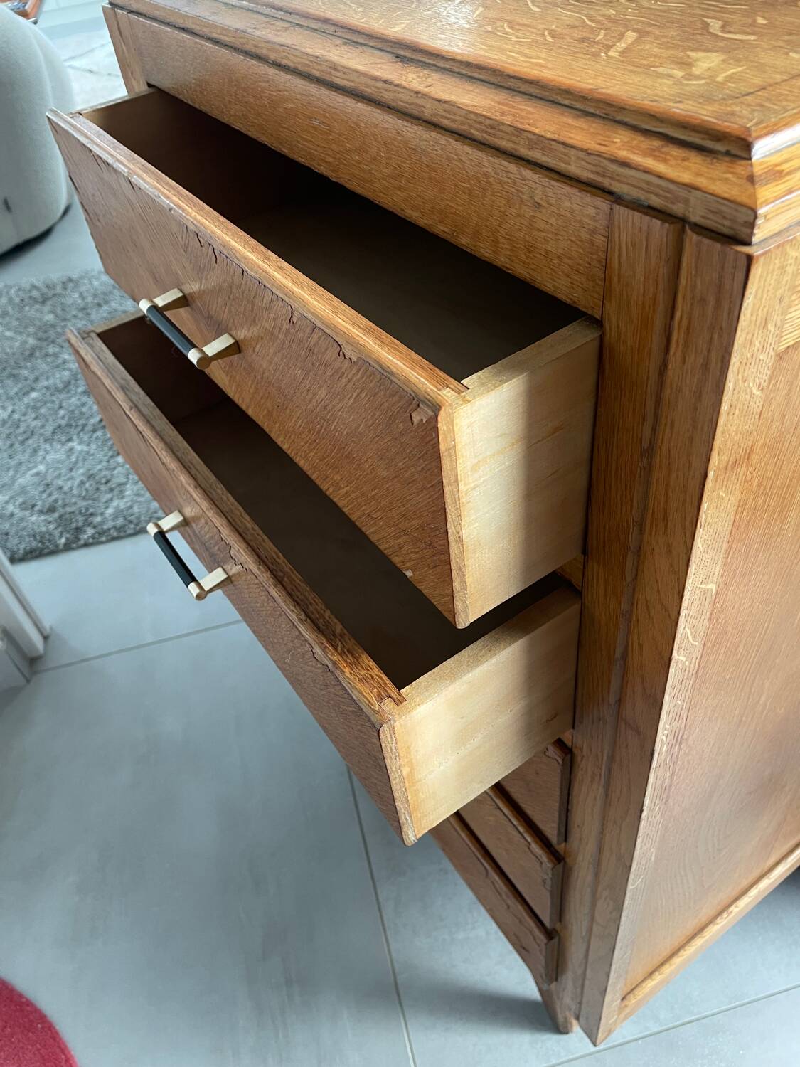 High chest of drawers with 5 drawers, vintage oak, 1950s