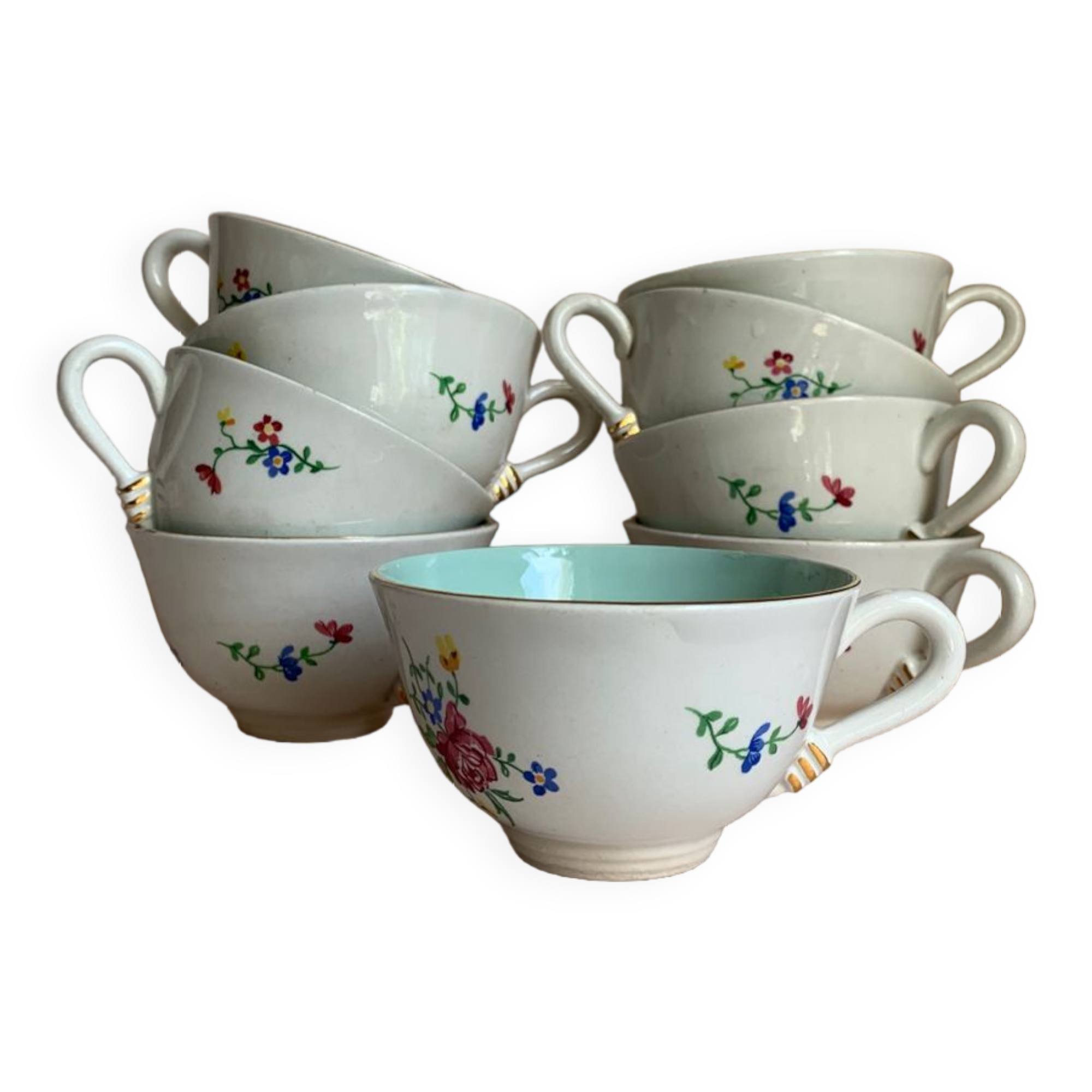 Set of 9 floral Luneville porcelain coffee cups with gold edges