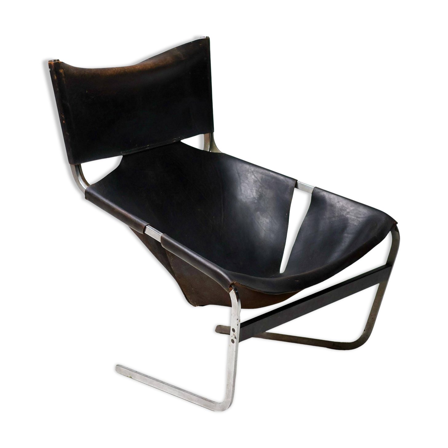 Pierre Paulin F444 chaise longue in black leather - All original, Vintage