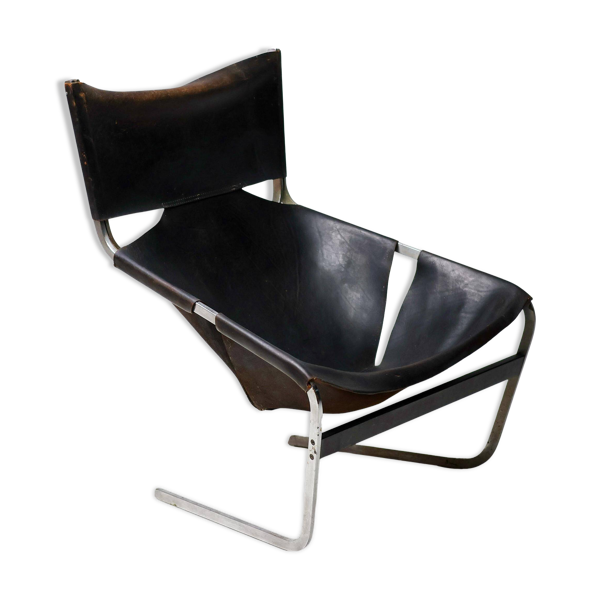 Chaise longue Pierre Paulin F444 en cuir noir - Tout original, Vintage