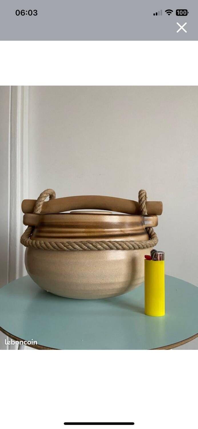 Roped soup tureen in stoneware from the potters of the Salins-les-Bains Abbey