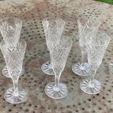 6 champagne flutes in glass and transparent crystal, antique chiseled