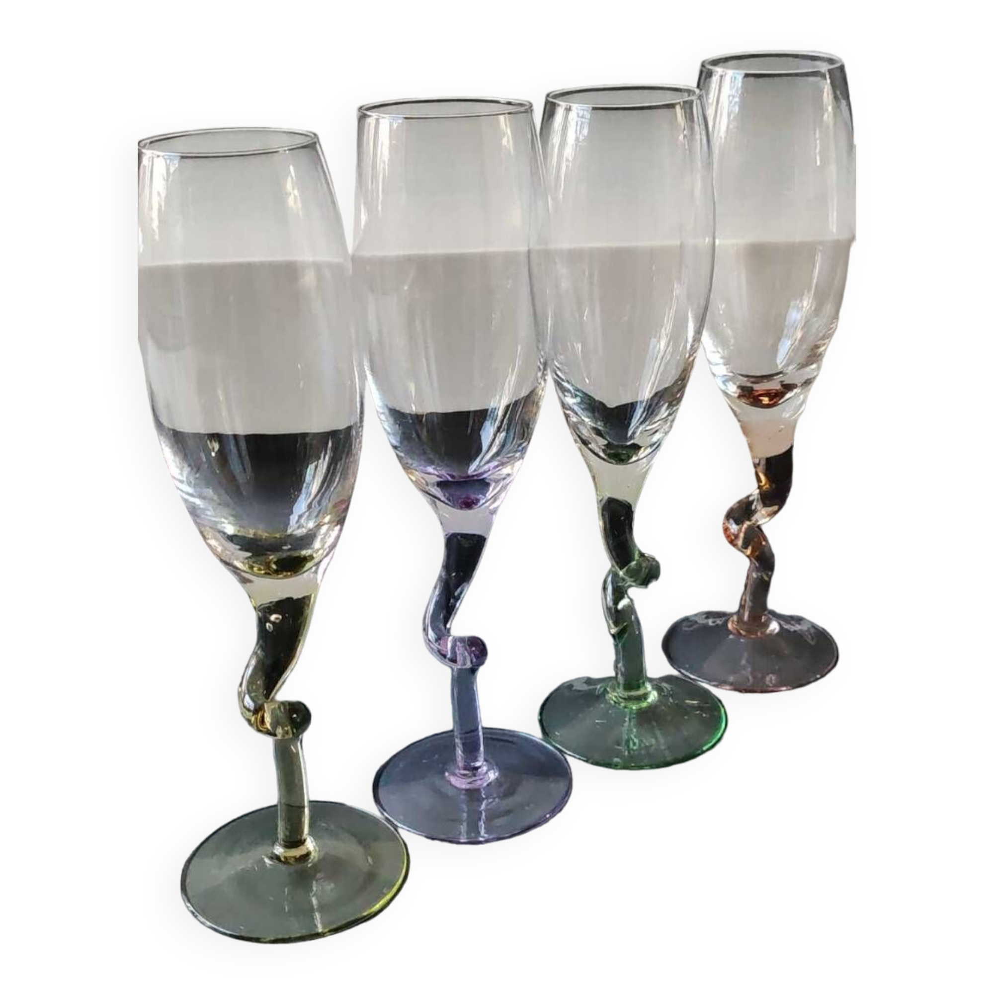 Lot 4 Large Champagne Flutes/Twisted design foot, colorful. High 22.5 cm