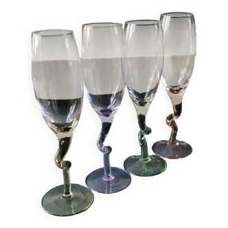 Lot 4 Large Champagne Flutes/Twisted design foot, colorful. High 22.5 cm