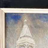 Oil on panel representing Montmartre and the Sacré Coeur, painting of a vintage view of Paris