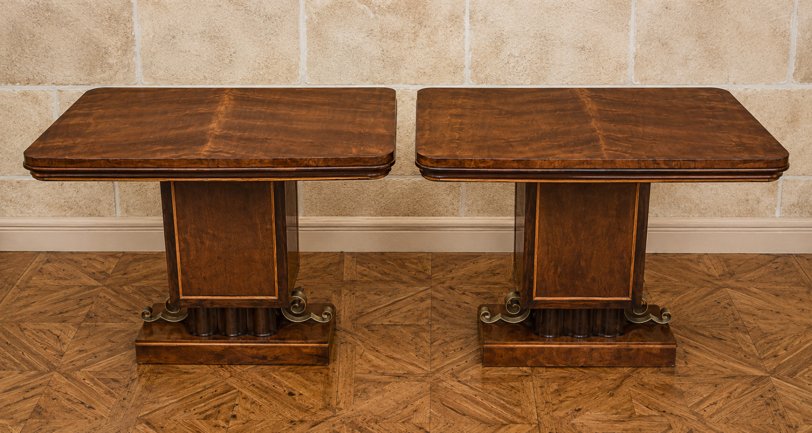 Pair of Art Deco consoles in mahogany and lemon wood, circa 1930.