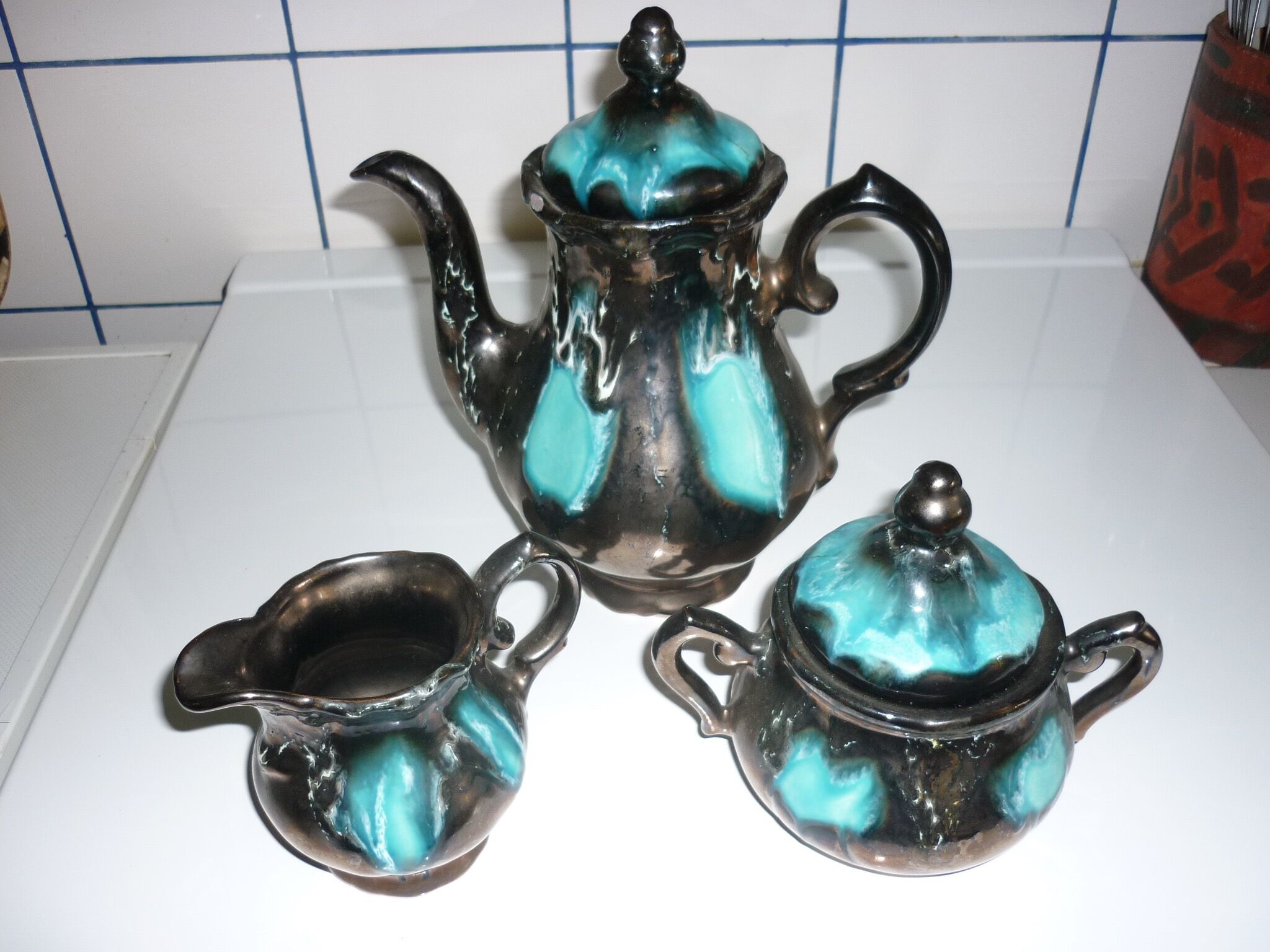 Service café-thé Vallauris noir et turquoise