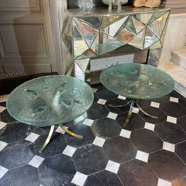 Paire de tables basses rondes, verre, ca 1970