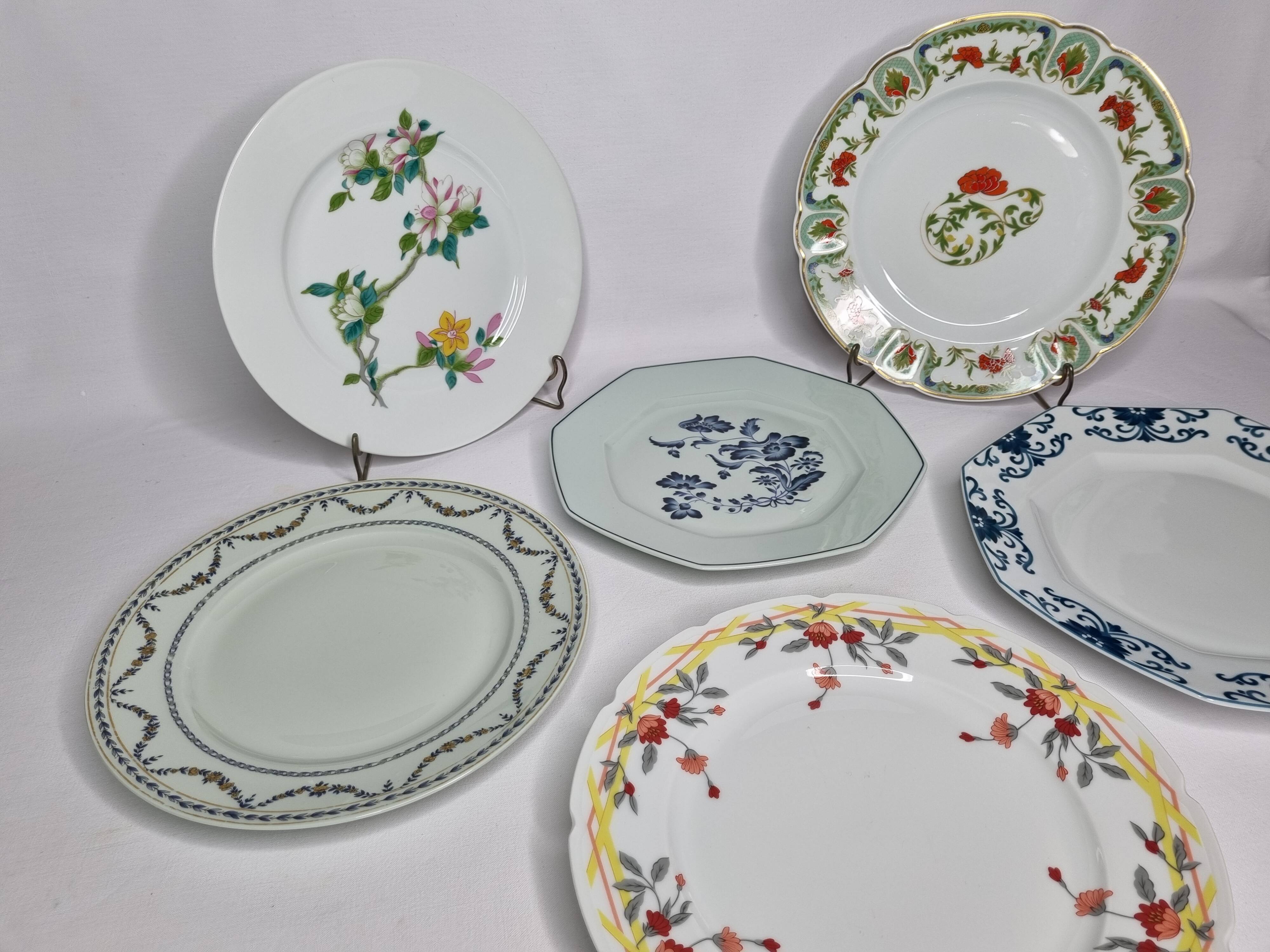 Set of 6 decorative French porcelain plates, floral and traditional designs, 25 cm