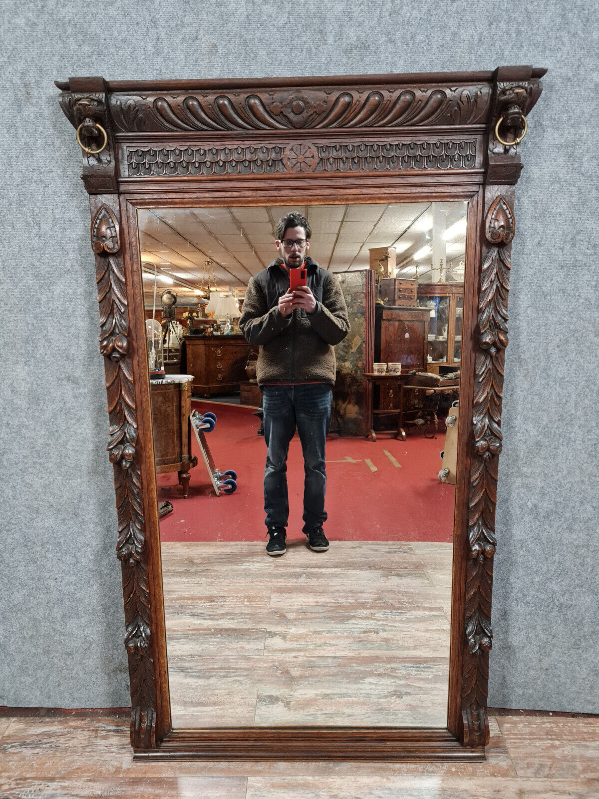 Renaissance mirror in solid oak with brown patina circa 1850, 165x97 cm