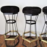 Five brass bar stools and vintage black metal 80s