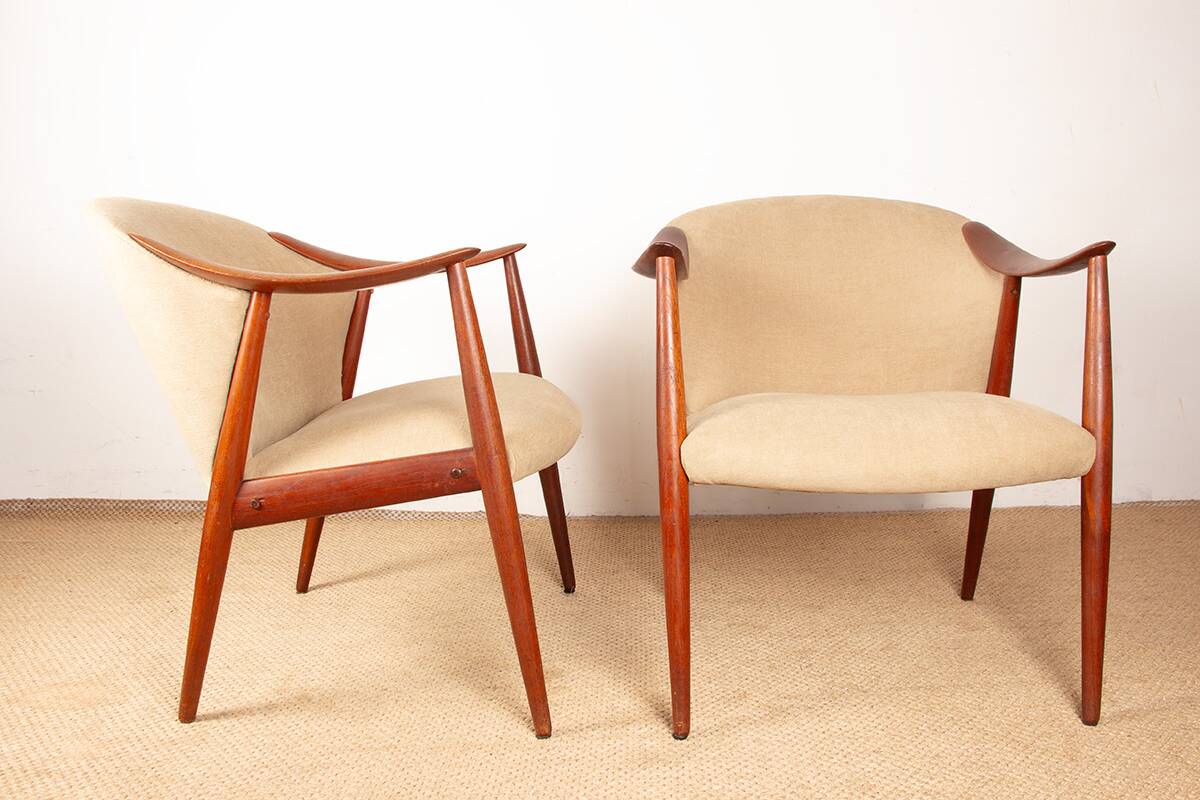 2 Scandinavian armchairs in teak and fabric, new Tyrol model, Gerhard Berg.