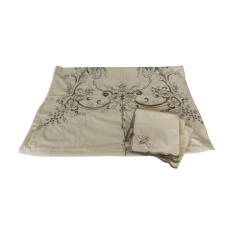 Nappe et 12 serviettes blanche avec broderie grise