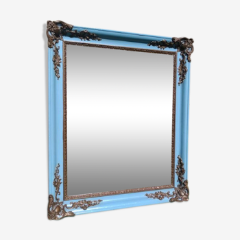 Miroir ancien cadre peint bleu et vieil or 98cmx82cm
