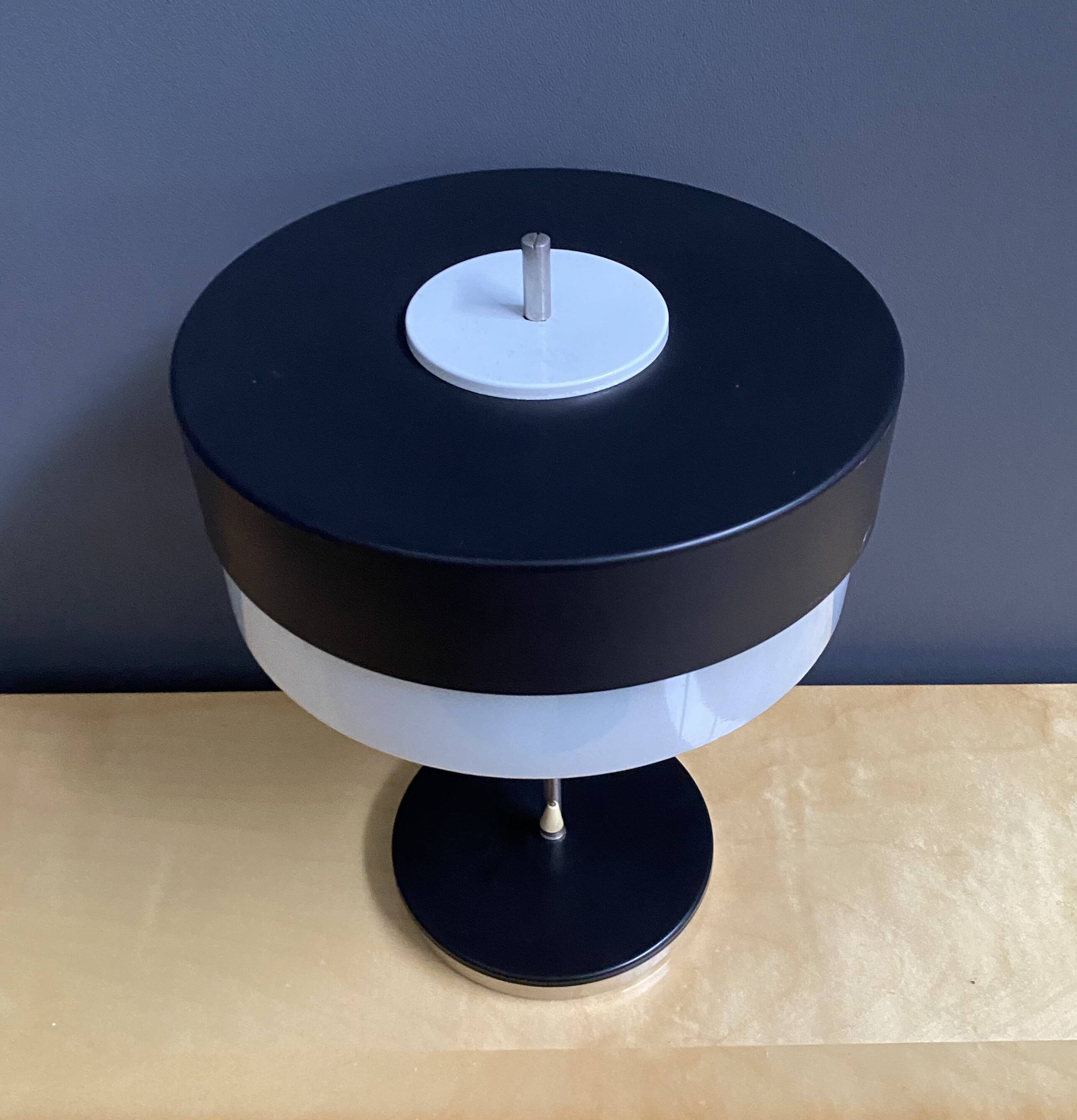 Table lamp in black metal and white glass, by Kamenicky Senov 1960s