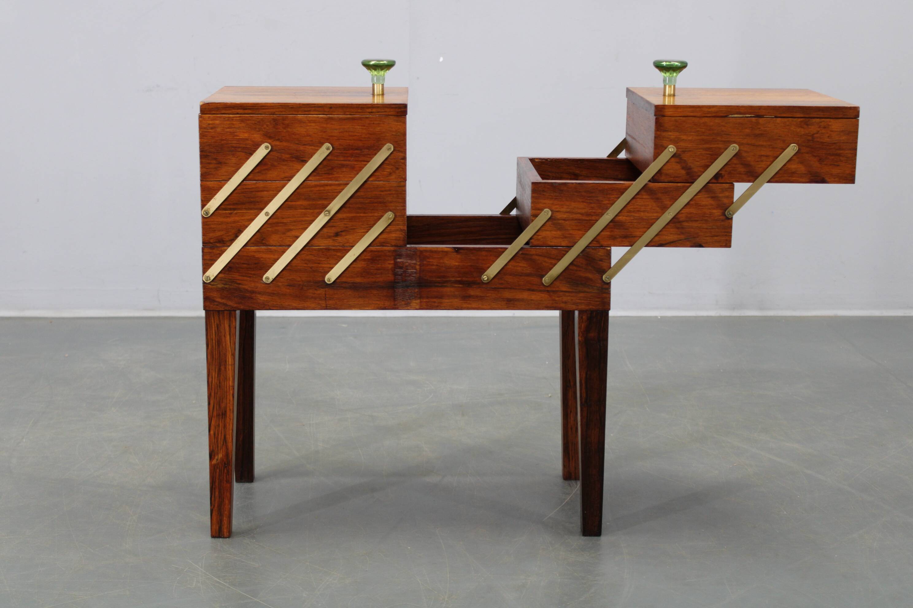 Danish mid-century unfolding sewing box in wood and brass, 1960s