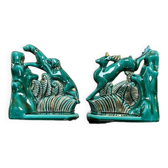 Art Deco bookends - Earthenware - Green - Sculpture - Animal - Hunting