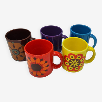 Lot de 5 tasse mug vintage coloré décors fleurs germany 1960