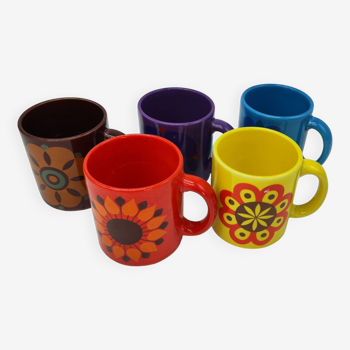 Set of 5 vintage mug cups colorful flower decorations germany 1960