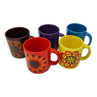 Set of 5 vintage mug cups colorful flower decorations germany 1960