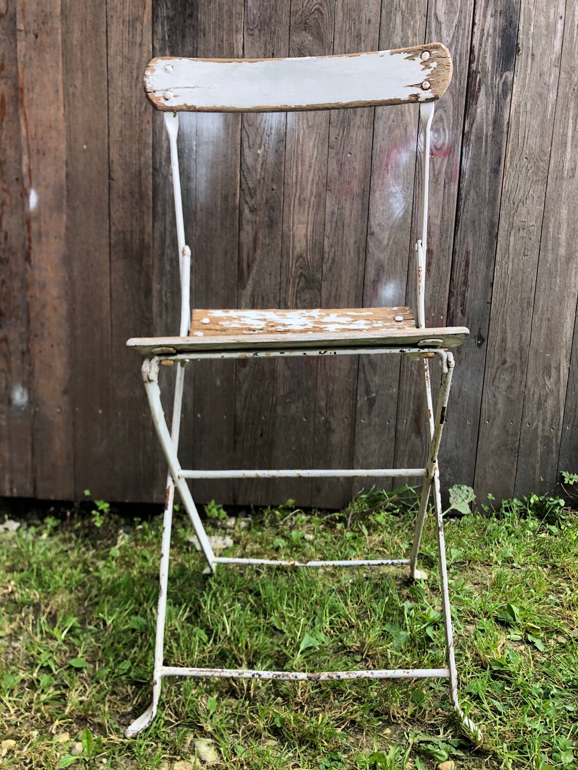 Vintage White Metal & Wood Folding Garden Chair