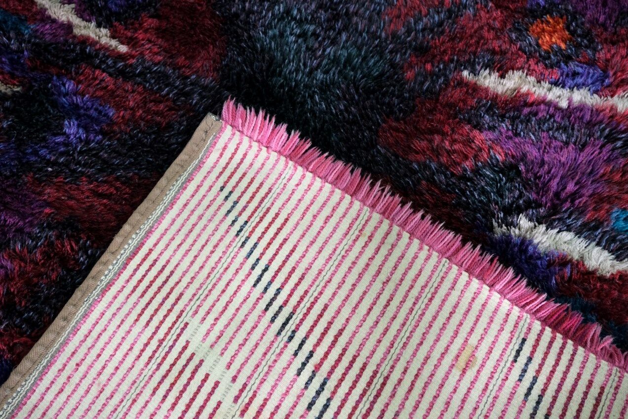 Abstract Scandinavian  Hand-Knotted High Pile Rya Rug Carpet, Sweden, 1960s