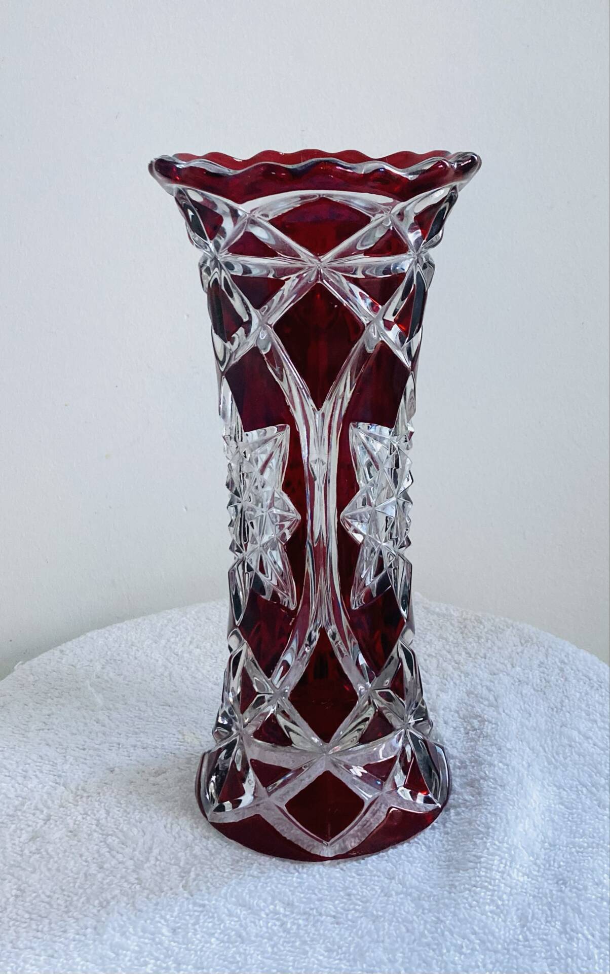 Antique bohemian crystal vase from the mid-20th century in bacara style.