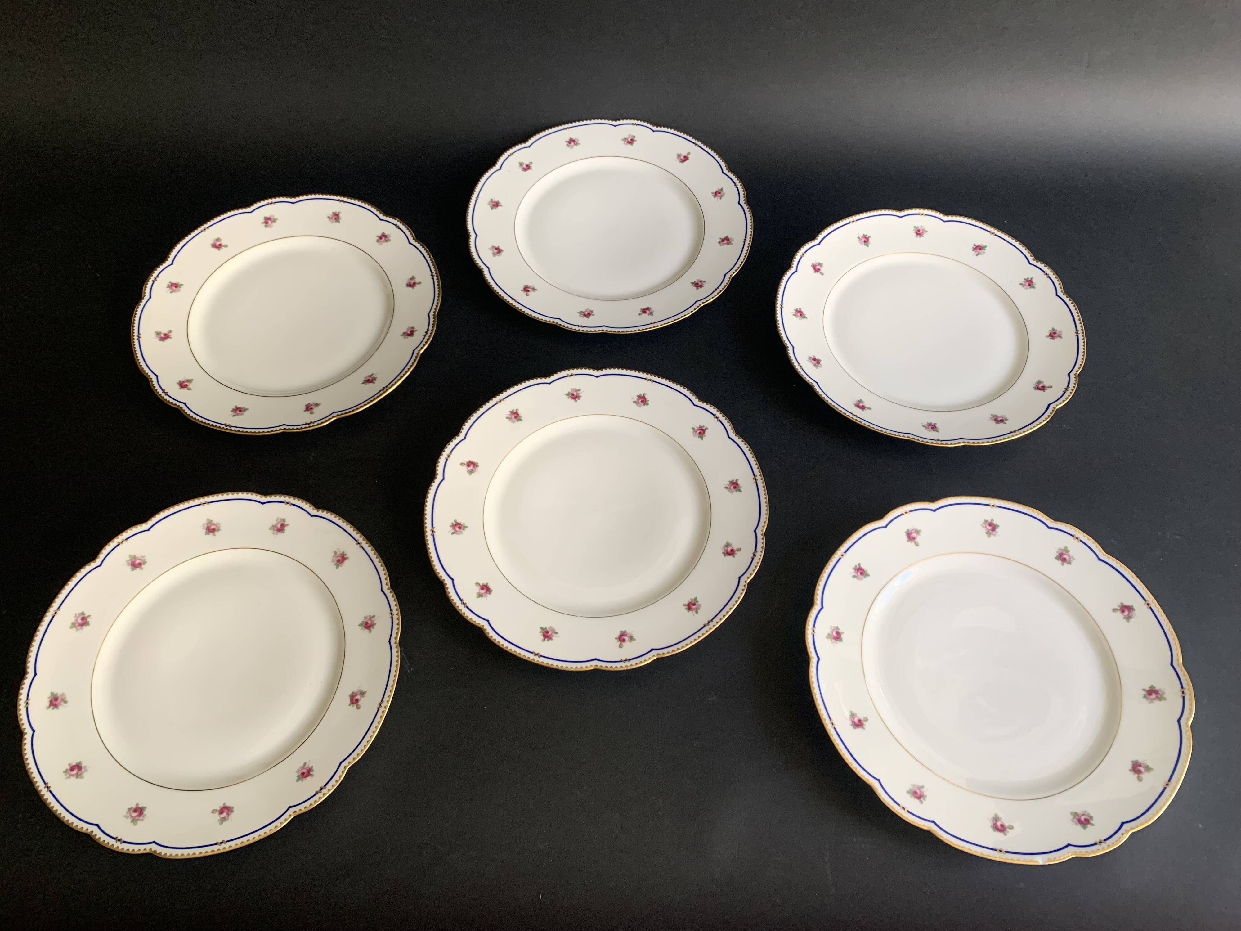 6 Paris porcelain plates, "A la Reine" model, 1890, Damon
