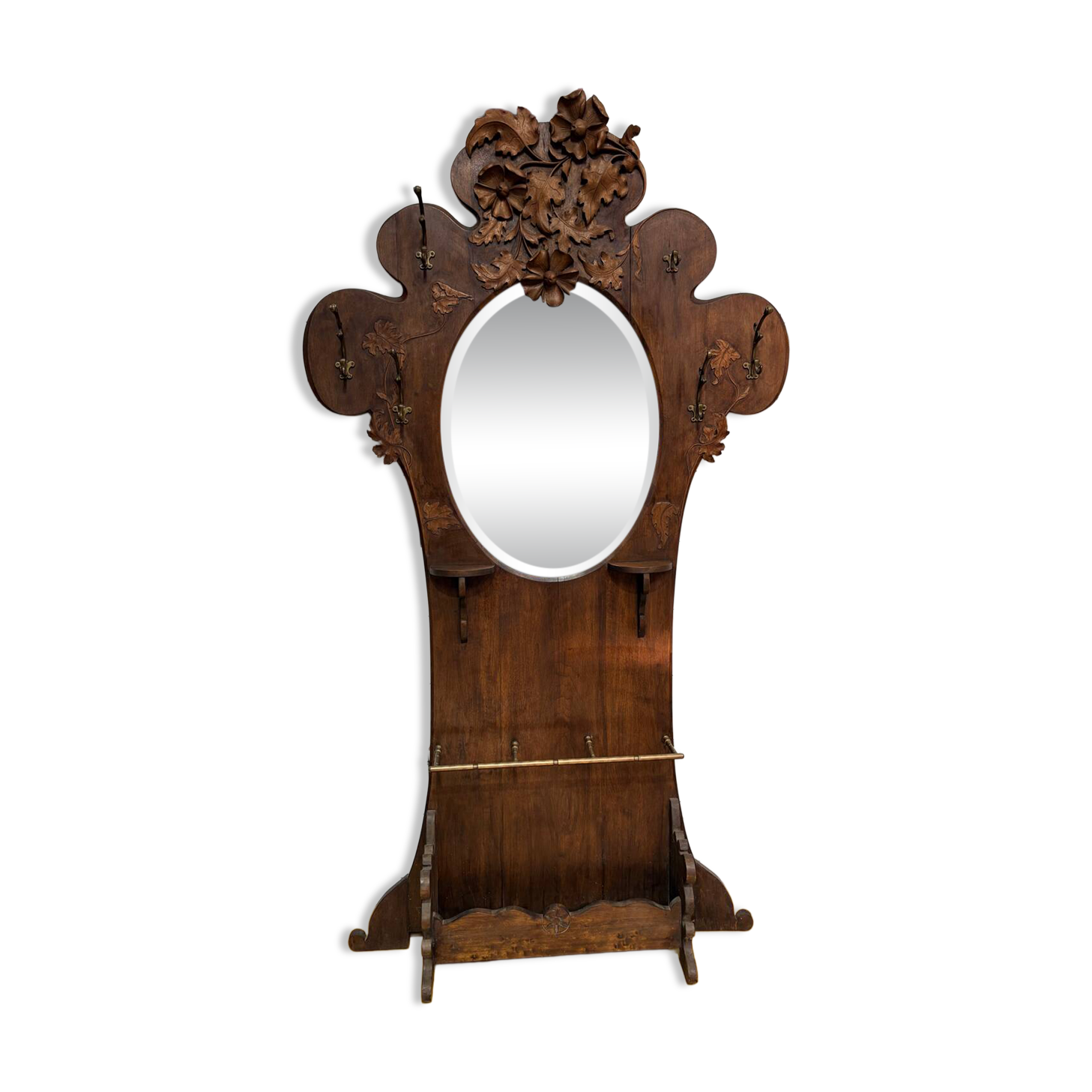 Grand porte-manteau Art Nouveau en bois sculpté – vers 1900