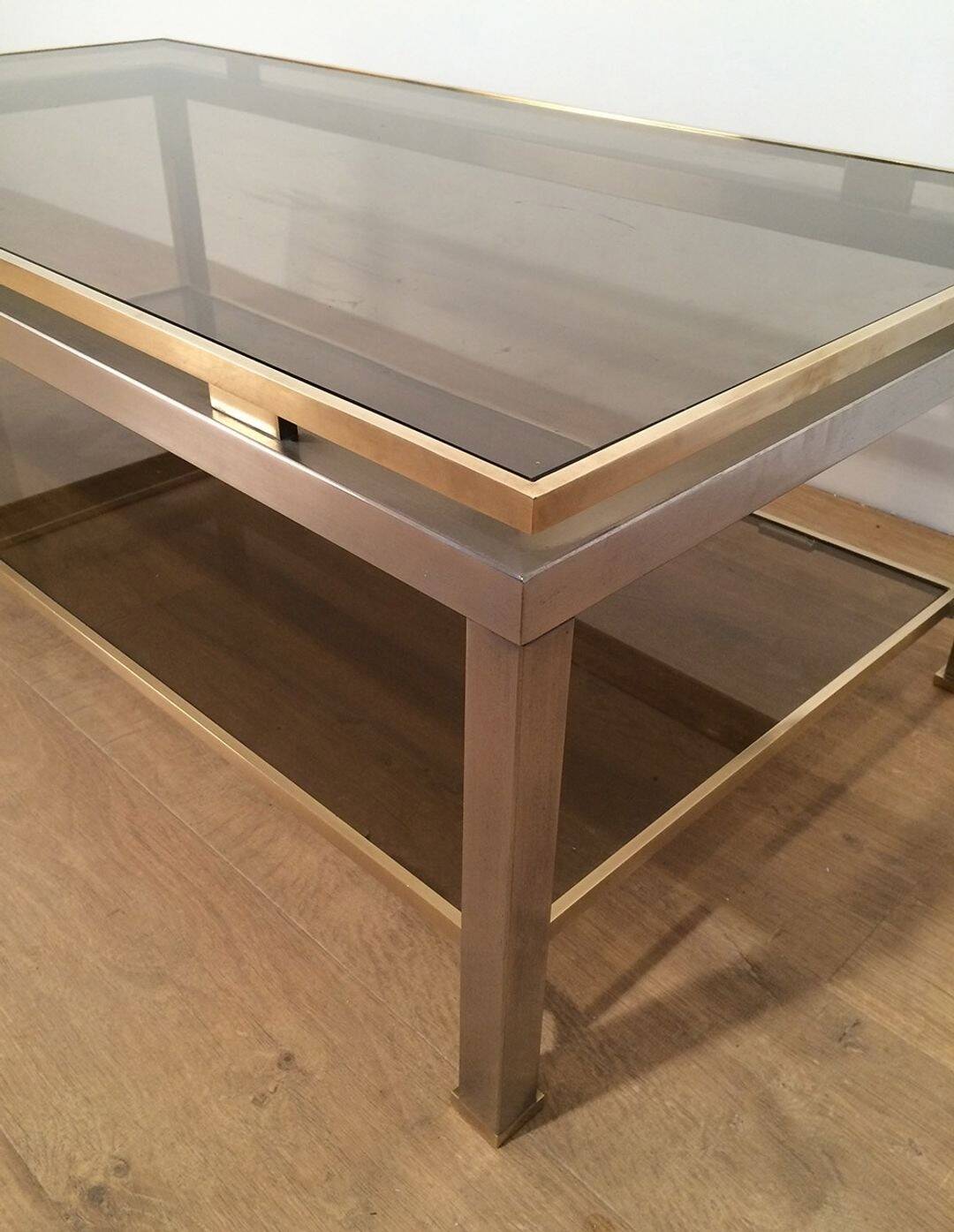 Coffee Table with Double Top in Brushed Steel and Brass, Guy Lefèvre for Ma