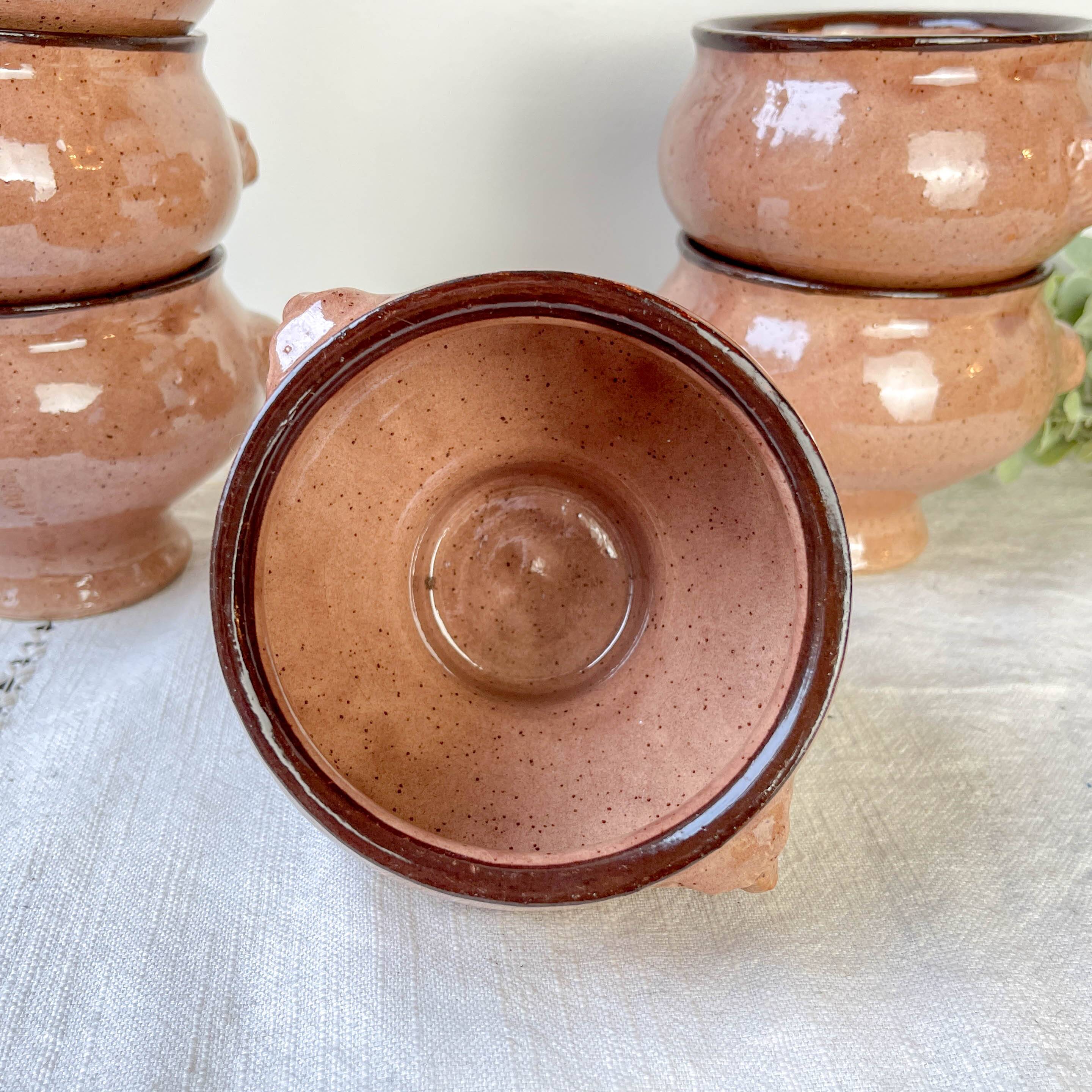 6 vintage lion head onion soup bowls – speckled beige stoneware