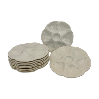 Lot of 10 vintage giEN earthenware plates, white, signed - 1970s