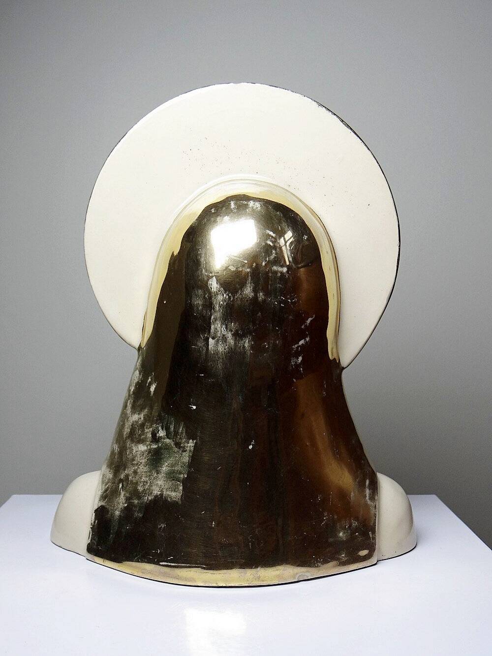 Virgin bust with halo, glazed ceramic, vintage/antique craftsmanship.