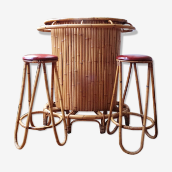 Rattan and bamboo bar & his 2 stools vintage 1950