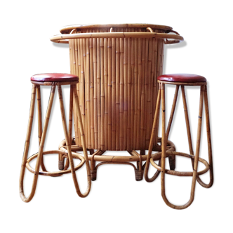 Rattan and bamboo bar & his 2 stools vintage 1950