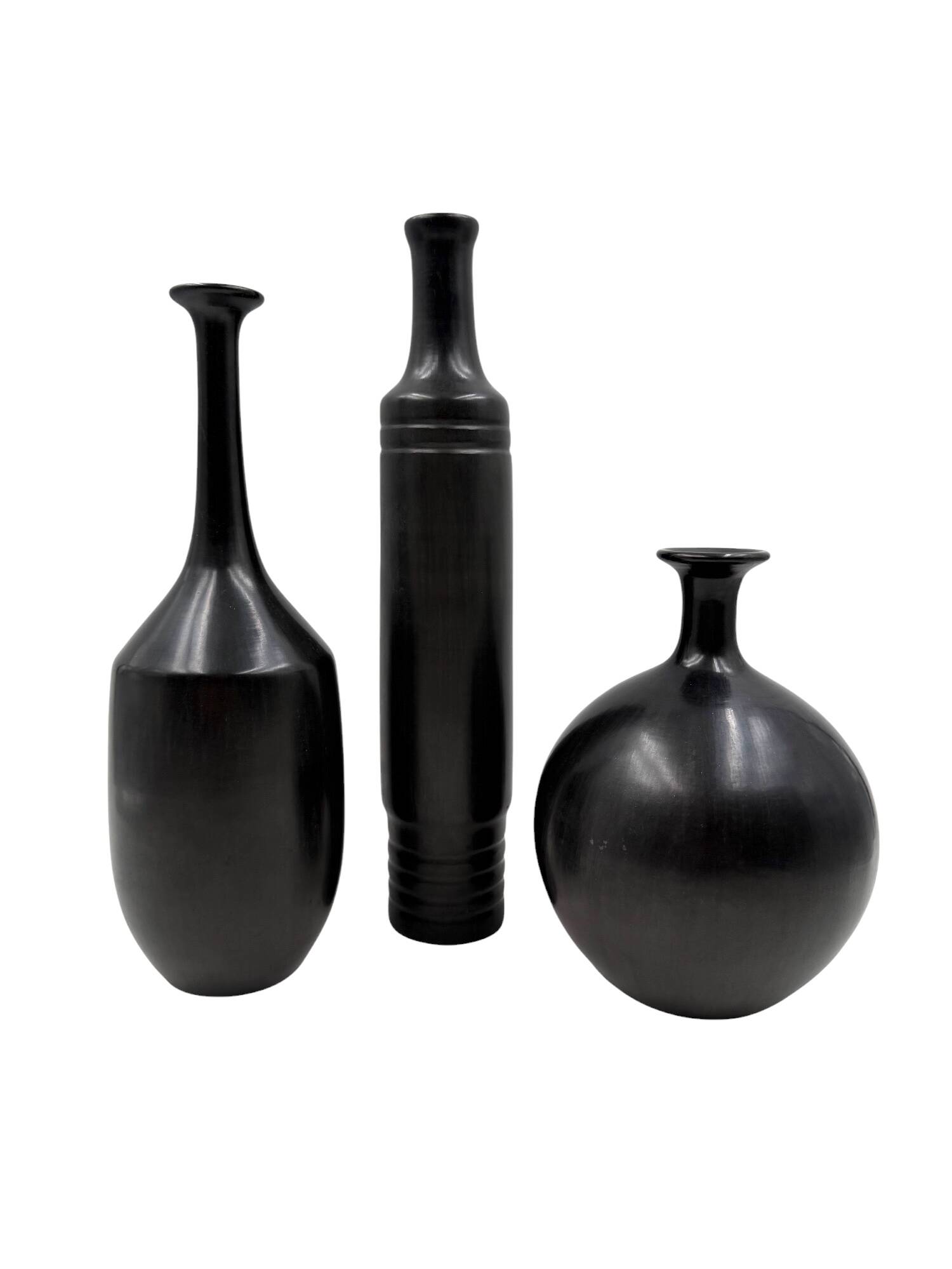 Mid-century set of 3 black bucchero ceramic vases, Sebastiani Italy 1960s