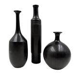 Mid-century set of 3 black bucchero ceramic vases, Sebastiani Italy 1960s