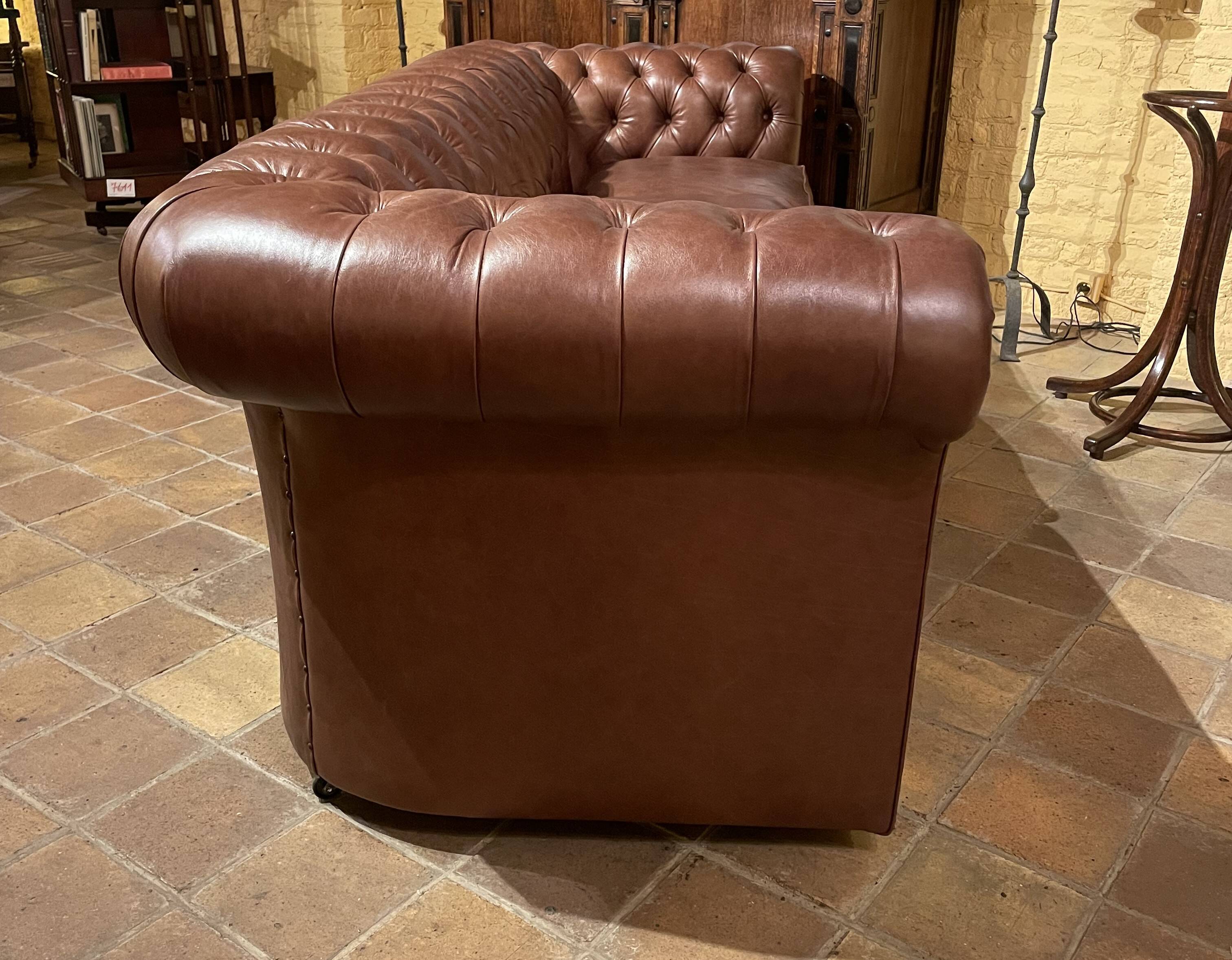 brown leather 3-seater Chesterfield sofa