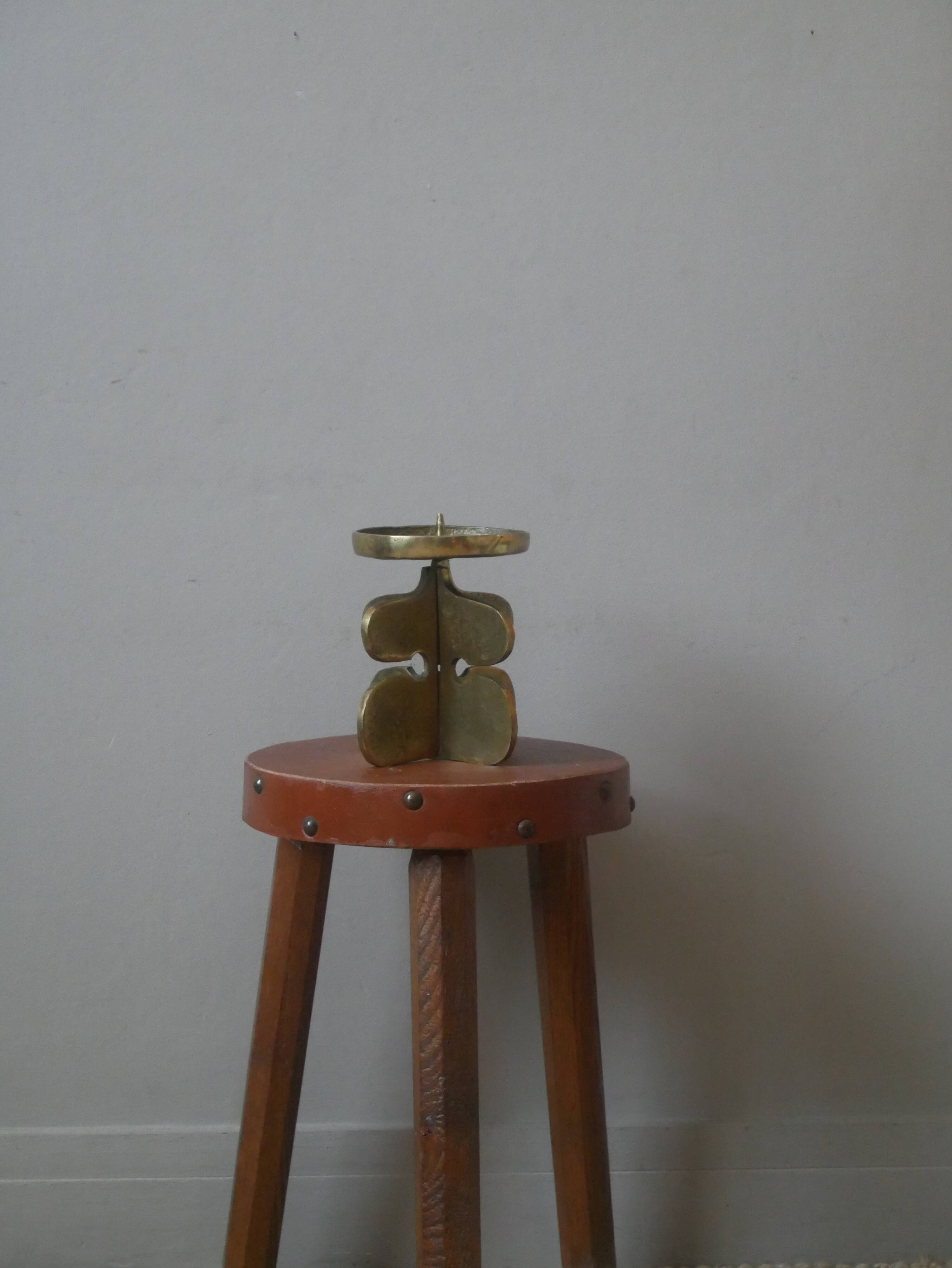 Brutalist brass candle holder, golden metal chandelier, vintage Scandinavian design.