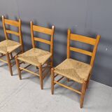 Mid century oak and wicker dining chairs, set of 4 - 1970s