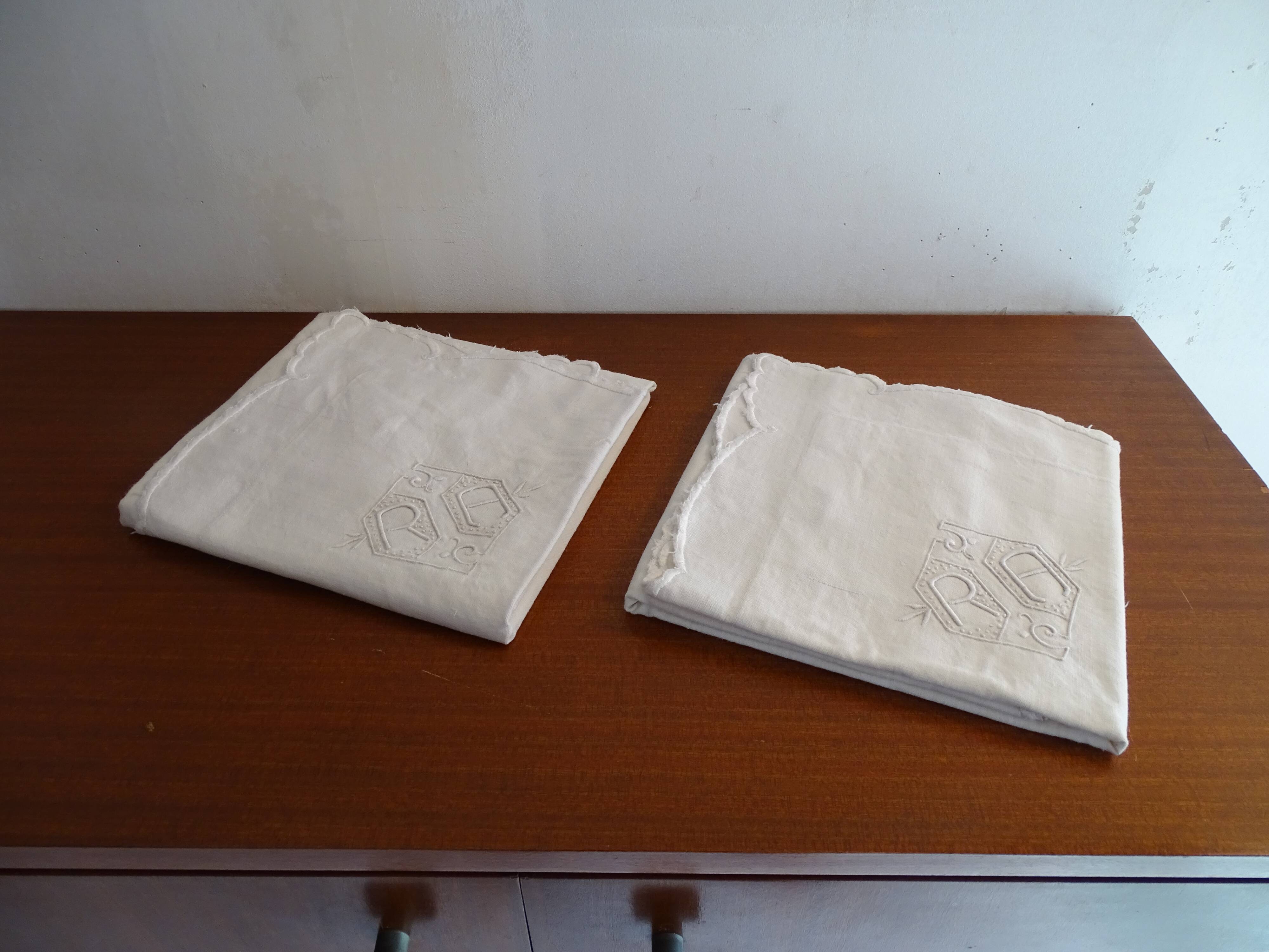 2 old R.A embroidered pillowcases in 73cm by 73cm cotton