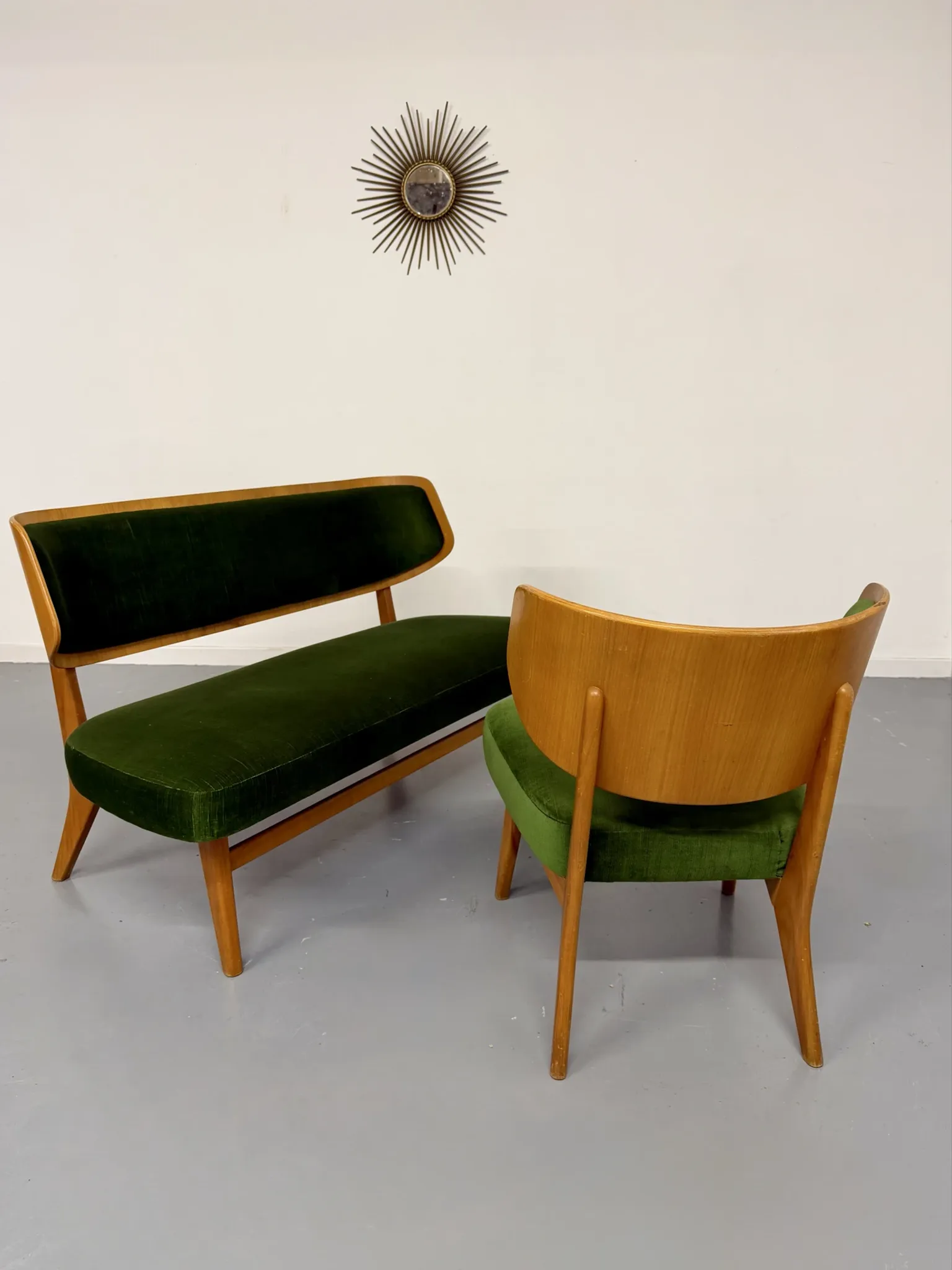 Sofa and armchair designed by Herta-Maria Witzemann, moulded wood, 1960s.
