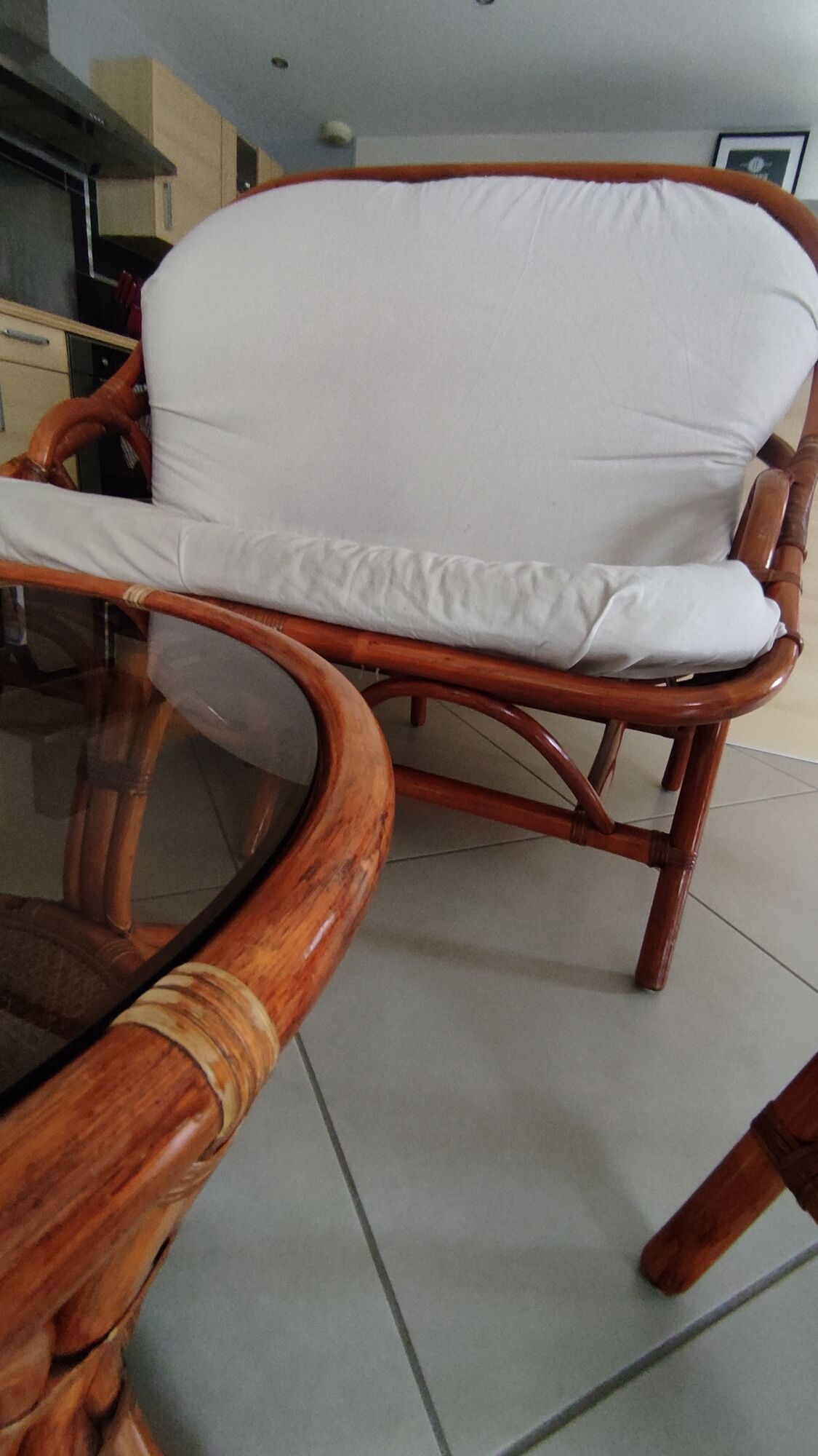 Sofa armchairs and coffee table in vintage rattan of six pieces