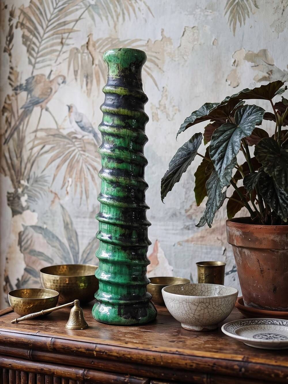 Large Tamegroute candlestick in green glazed terracotta, Morocco, 1960s-1970s.