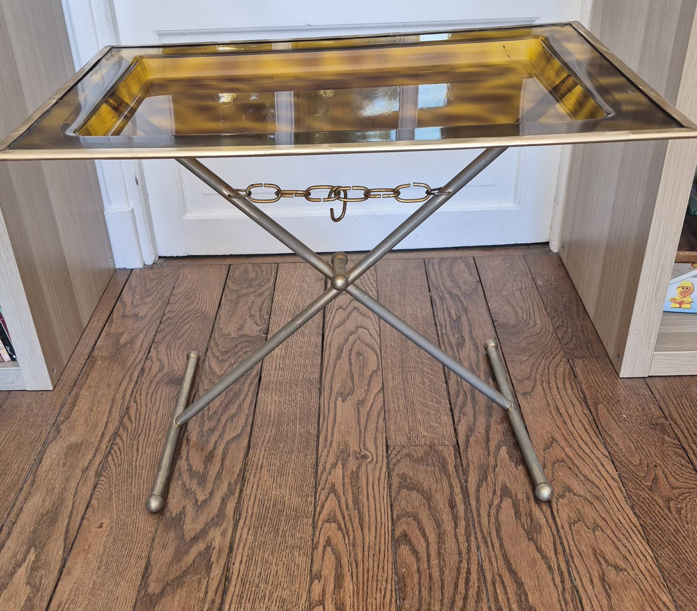 Coffee table with amber Bakelite top, turtle pattern, Vintage 70's