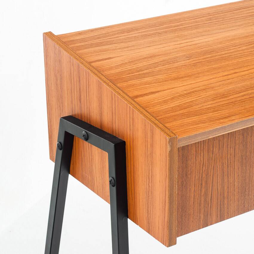 Vintage teak and lacquered iron console table. Scandinavian style. France, 1960s