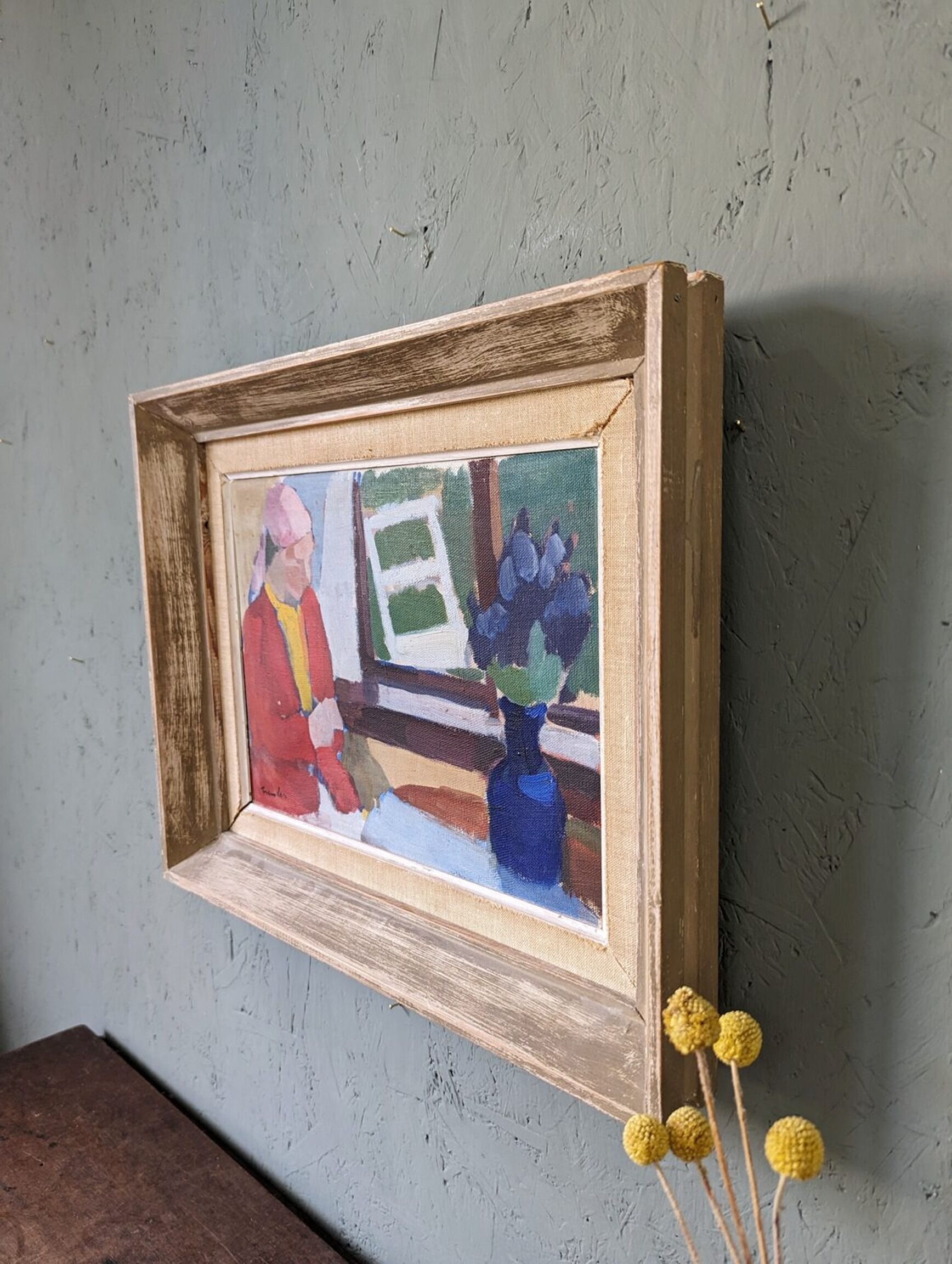 Mid-Century Modern "Window Seat", Swedish Figurative Interior Oil Painting, Framed