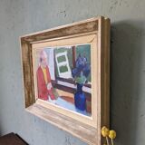 « Window Seat » moderne du milieu du siècle, peinture à l’huile intérieure figurative suédoise, encadrée