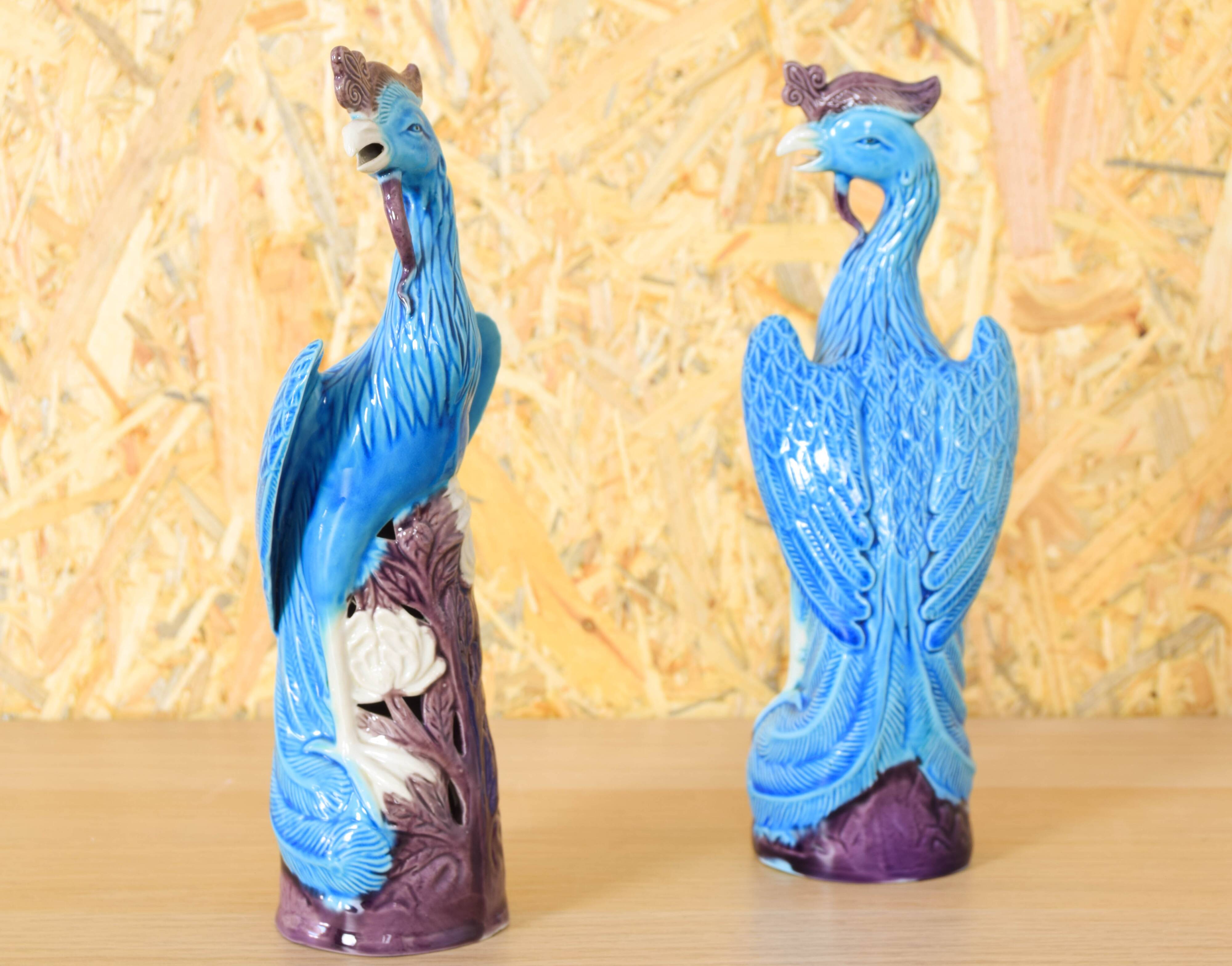 Mid Century Chinise Pair of Turquoise Porcelain Peacocks 50s